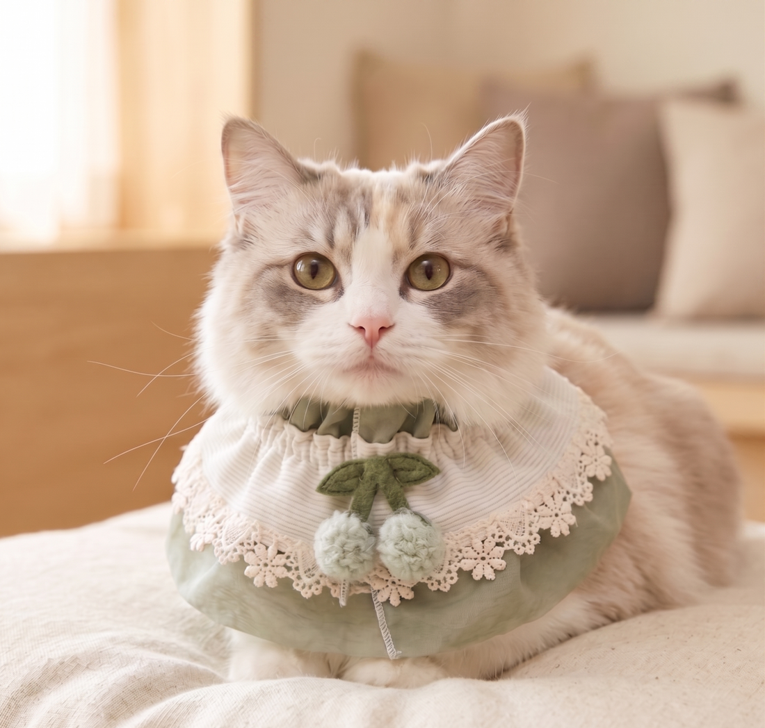 🆕韓國新品上架【梨花娘】🐶法式蕾絲復古荷葉邊立體櫻桃彈性寵物領巾(2色)💕