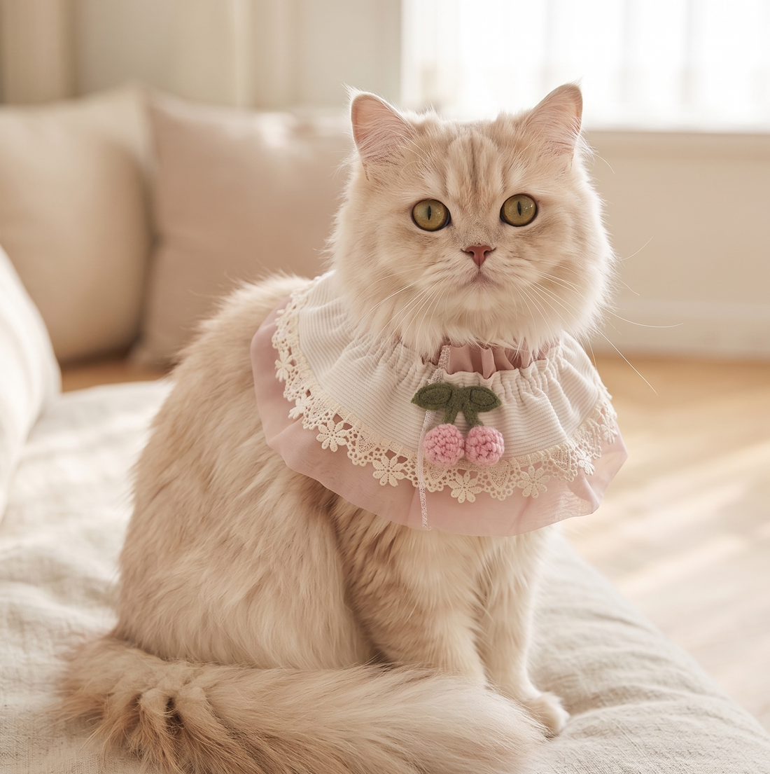 🆕韓國新品上架【梨花娘】🐶法式蕾絲復古荷葉邊立體櫻桃彈性寵物領巾(2色)💕