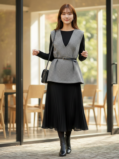 💕新品上架【梨花瑪雅】經典時尚修身V領馬甲背心附皮帶上衣💖💖