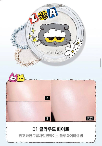 11月新品GD貓咪限量聯名rom&amp;nd × ZOA&amp;FRIENDS  雙色果凍 高光提亮(2色)韓國連線