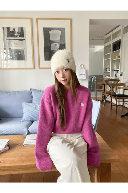 muahmuah 자수 로고 라운드 넥 벨트 스웨터