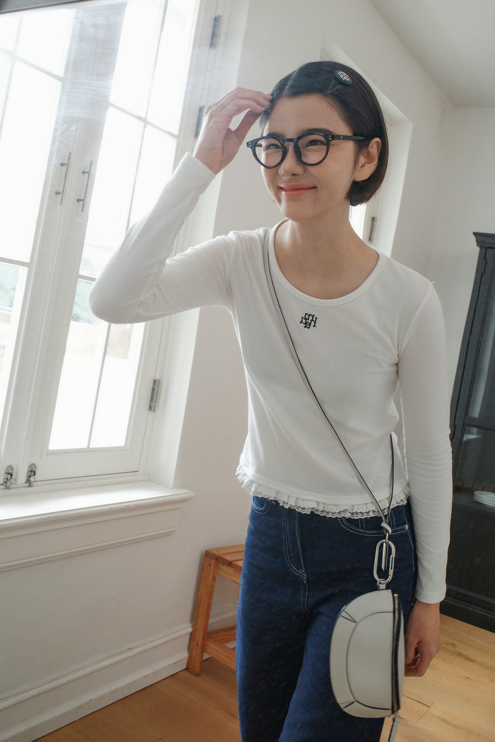 💖韓國 muahmuah 秋款新品💖Stitch 標誌蕾絲長袖精緻細節下擺蕾絲T恤(現貨+預購)‼️