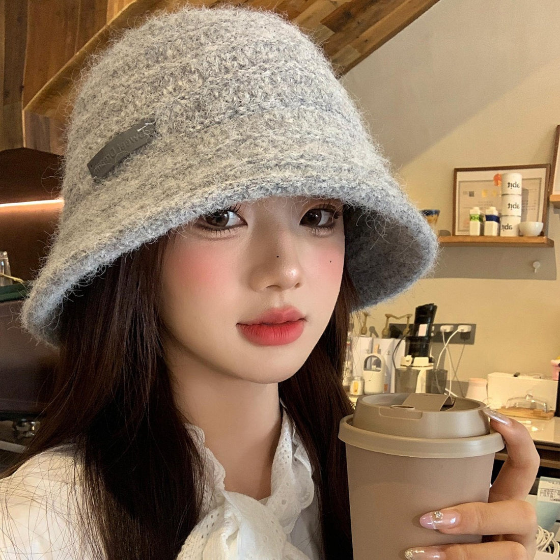 🆕新品上架💖【梨花瑪雅】💕韓系簡約美拉德皮標復古針織漁夫帽顯臉小(5色)