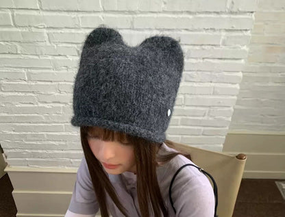 🆕新品上架💖【梨花瑪雅】💕韓系圓頂貓耳朵保暖貝殼釦毛線帽(6色)