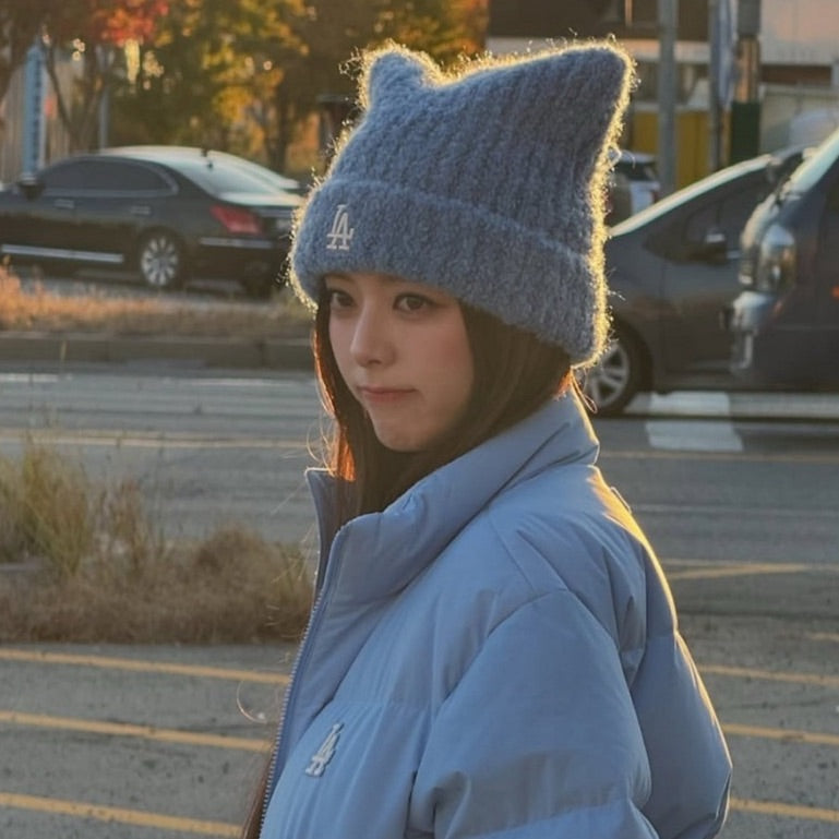 🔥新品上架 【梨花娘】💖韓國爆紅大缺貨!!正版限量柔軟洋基貓耳保暖毛線帽(5色)預購