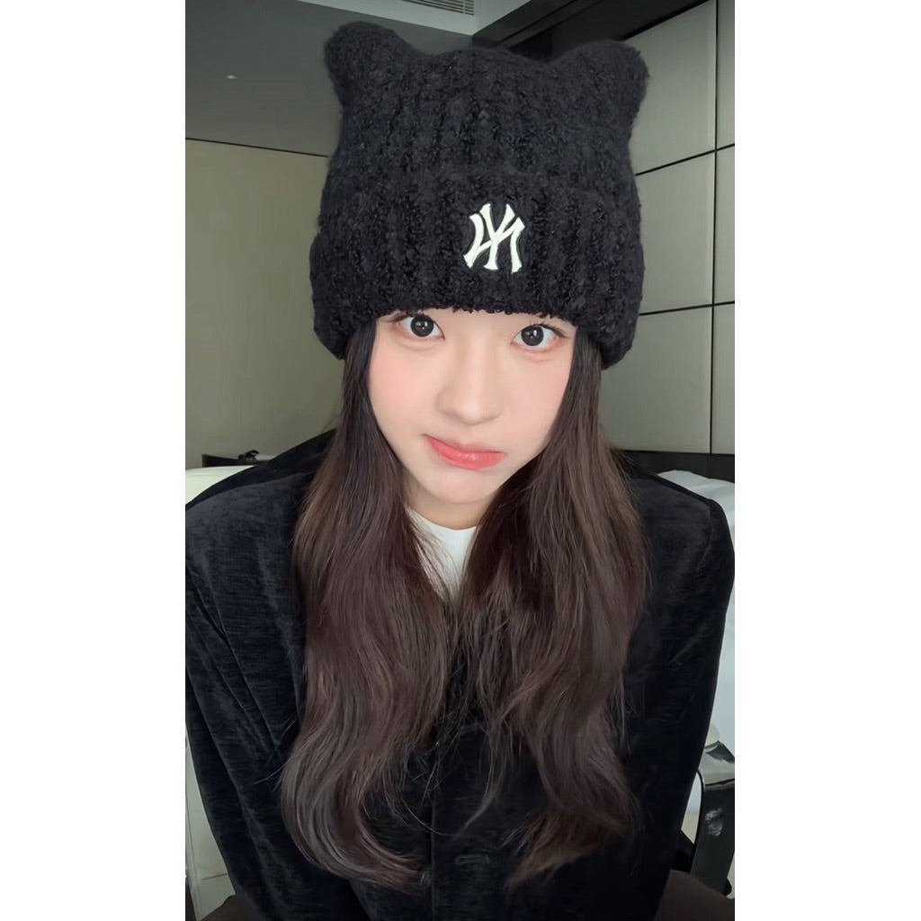 🔥新品上架 【梨花娘】💖韓國爆紅大缺貨!!正版限量柔軟洋基貓耳保暖毛線帽(5色)預購