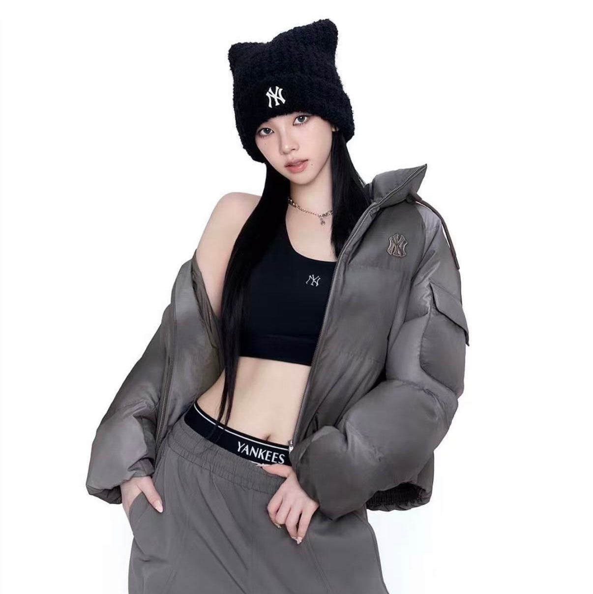 🔥新品上架 【梨花娘】💖韓國爆紅大缺貨!!MLB正版限量柔軟洋基貓耳保暖毛線帽(5色)韓國連線