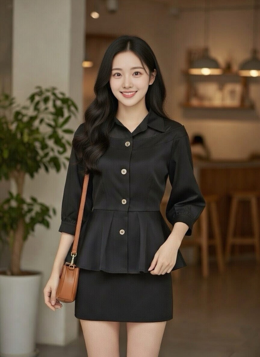 💖【LIHUA MAYA】限量款韓國設計氣質挺感拼接微透膚傘擺經典修身上衣(三色)1+1買一送一