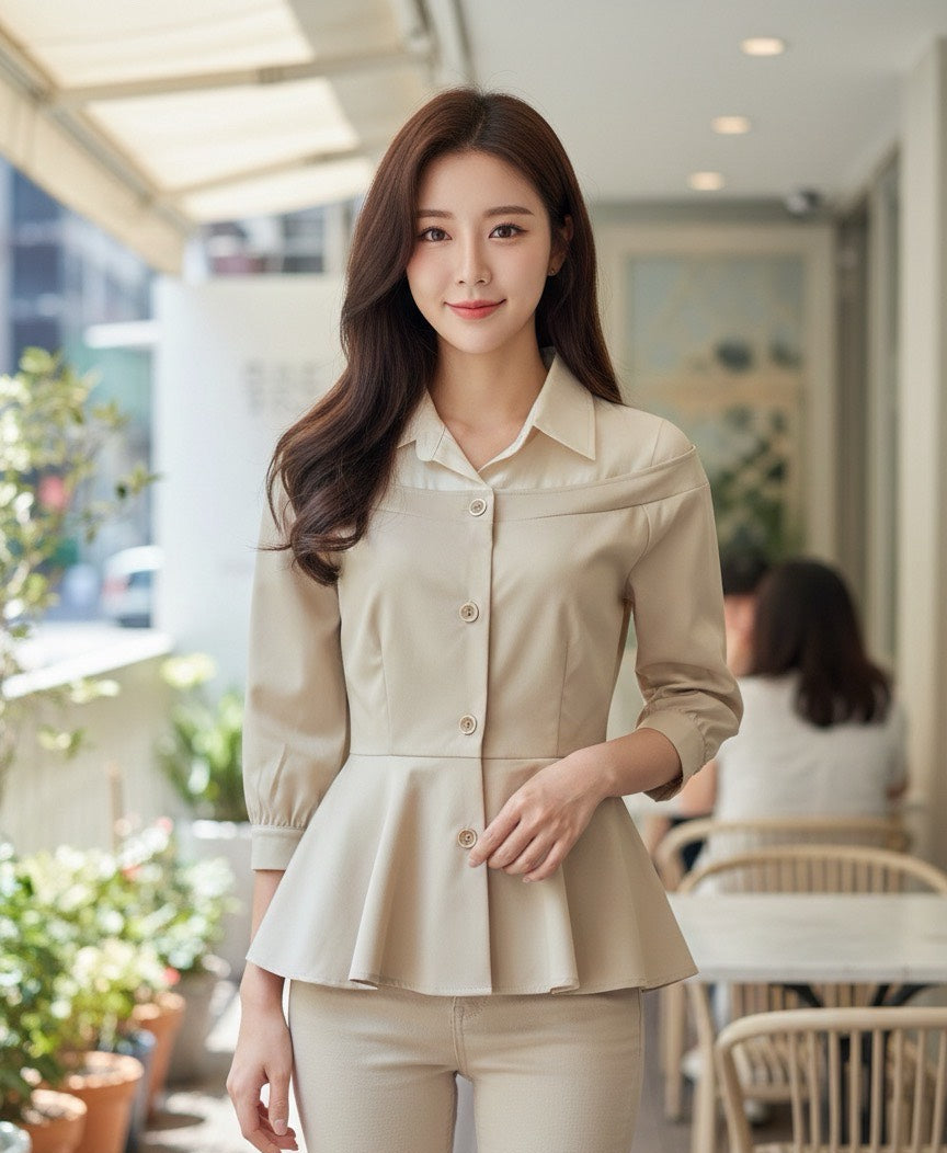 💖【LIHUA MAYA】限量款韓國設計氣質挺感拼接微透膚傘擺經典修身上衣(三色)1+1買一送一