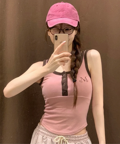 🆕新品上架💖【梨花娘】韓國品牌 Muscent 顯瘦親膚撞色鈕釦短版羅紋刺繡LOGO背心(6色)