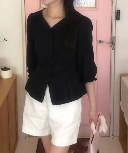🆕新品上架【梨花娘】韓國品牌 ROEM細節V領綁帶襯衫(2色)