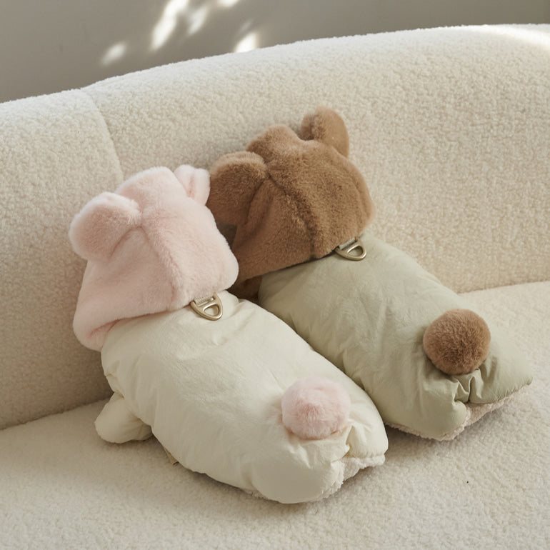 新品上架【梨花娘】🐾BAILEY 🐶秋冬新品 小熊連帽毛球防潑水鋪棉寵物外套(2色) 聖誕禮物