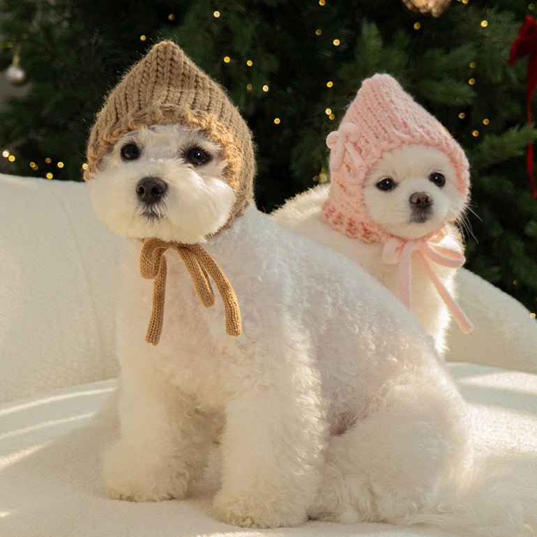 💕【梨花娘】韓國BAILEY❄️北歐雪夜針織保暖蝴蝶結安全別針綁帶寵物保暖帽(5色)