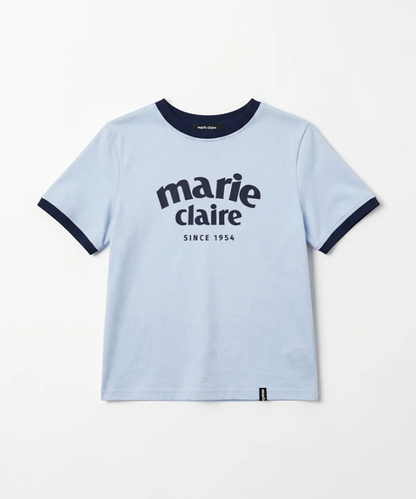 🆕新品上架💖【梨花娘】韓國品牌Marie Claire 學院風弧形 Logo 撞色滾邊短袖上衣(6色)