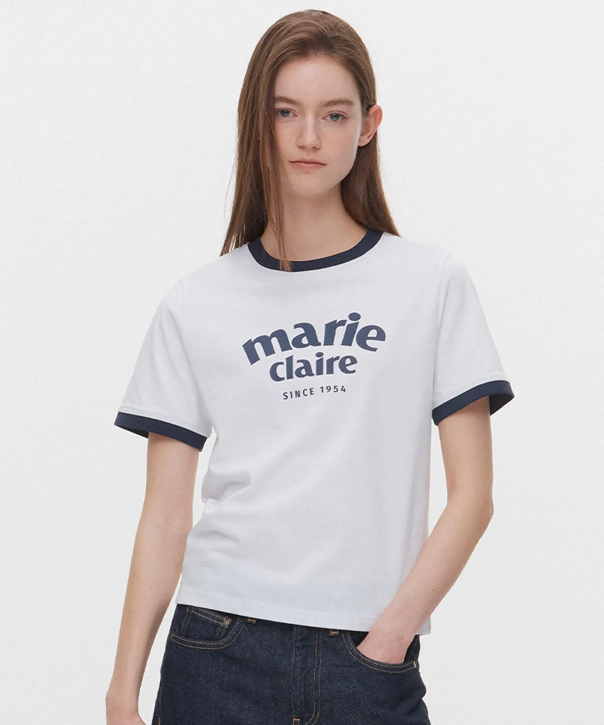 🆕新品上架💖【梨花娘】韓國品牌Marie Claire 學院風弧形 Logo 撞色滾邊短袖上衣(6色)