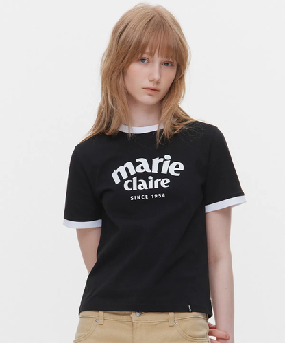 🆕新品上架💖【梨花娘】韓國品牌Marie Claire 學院風弧形 Logo 撞色滾邊短袖上衣(6色)