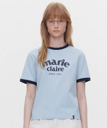 🆕新品上架💖【梨花娘】韓國品牌Marie Claire 學院風弧形 Logo 撞色滾邊短袖上衣(6色)