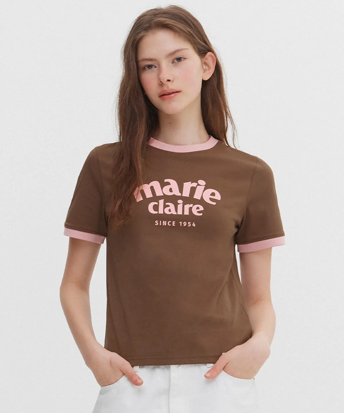🆕新品上架💖【梨花娘】韓國品牌Marie Claire 學院風弧形 Logo 撞色滾邊短袖上衣(6色)