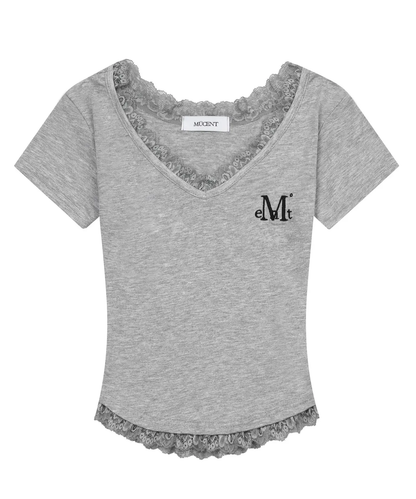 🆕新品上架 💖韓國暢銷品牌MÜCENT V領蕾絲刺繡LOGO修身圓弧下擺短版 T-shirt(3色)