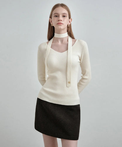 🆕新品上架【梨花娘】韓國🔥Yeoul PICK 氣質溫柔附圍巾圍巾V領修身羅紋針織上衣 (6色)