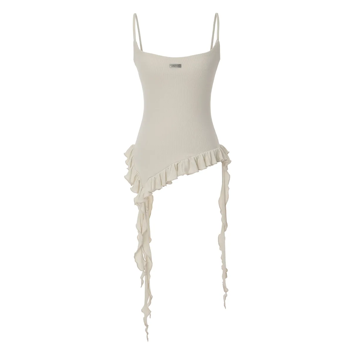 💖韓國暢銷品牌KHAKIPOINT🆕新品上架 甜酷系金屬標下擺不對稱荷葉邊細肩帶上衣(3色)