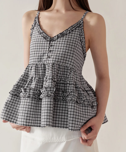 🆕新品上架【梨花娘】💗 韓系初夏！法式復古格紋荷葉細肩帶美背上衣(2色)