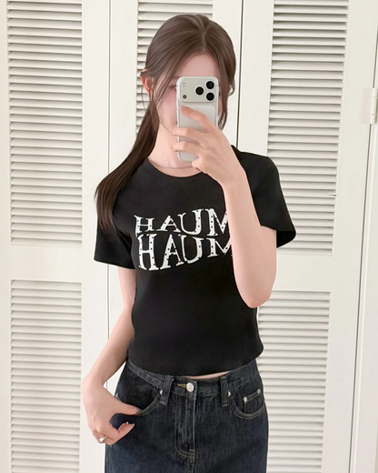 🆕新品上架【梨花娘】💗 韓國 MUAH MUAH 甜酷顯瘦！愛心刺繡柔膚短版修身棉質T恤(4色)