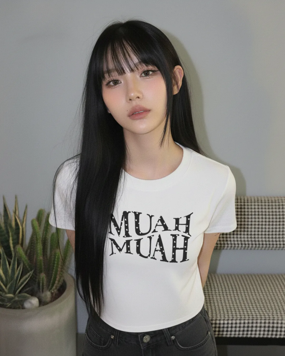 🆕新品上架【梨花娘】💗 韓國 MUAH MUAH 甜酷顯瘦！愛心刺繡柔膚短版修身棉質T恤(4色)