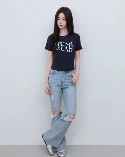 🆕新品上架【梨花娘】💗 韓國 MUAH MUAH 甜酷顯瘦！愛心刺繡柔膚短版修身棉質T恤(4色)