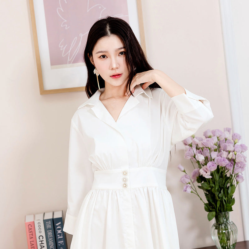 💖新品上架【梨花瑪雅】韓國設計自訂款氣質優雅韓風氣質珍珠釦襯衫垂墜美感傘裙長洋裝