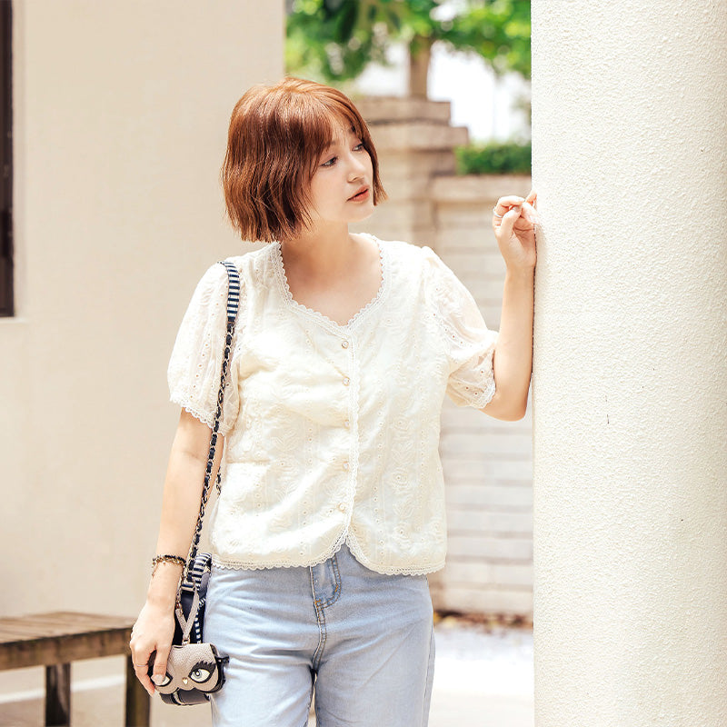 🆕新品上架【梨花瑪雅】實拍選品高級感法式小香風泡泡袖刺繡蕾絲雪紡襯衫上衣