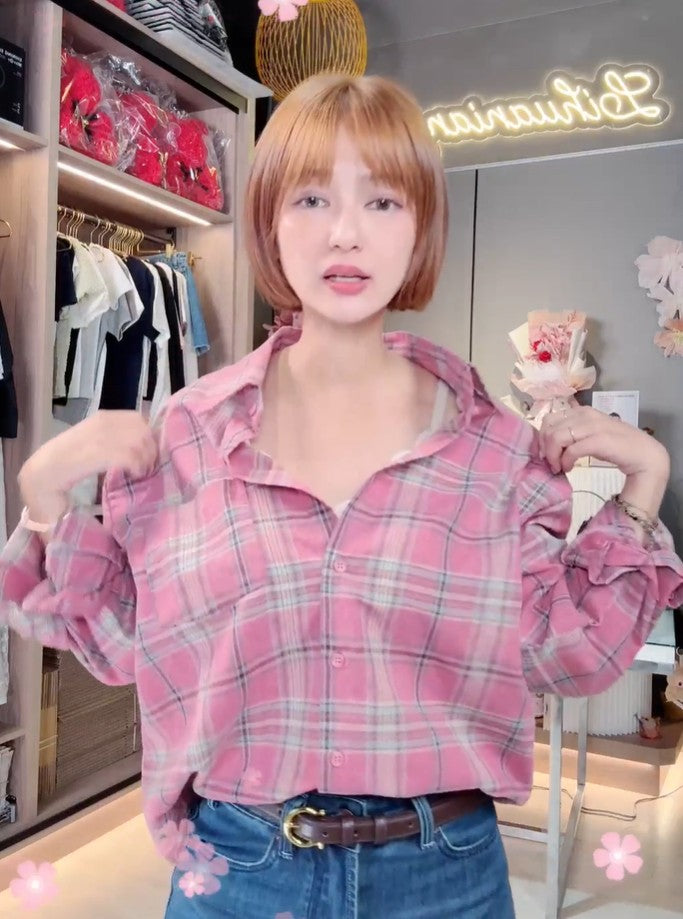 🆕新品上架【梨花瑪雅】🍂早秋新款慵懶氛圍感韓劇小姐姐粉色格紋撞色襯衫🤞