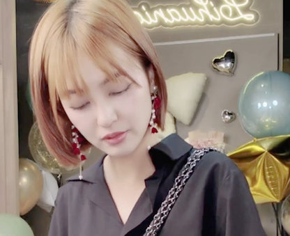 🆕新品上架【梨花瑪雅】💖一串酒紅植絨風鈴花珍珠垂墜耳環禮盒裝💕