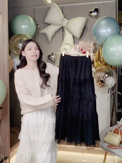 🆕新品上架💖【梨花瑪雅】🍂秋冬氣質百搭蕾絲修身A字傘百長裙(兩色)