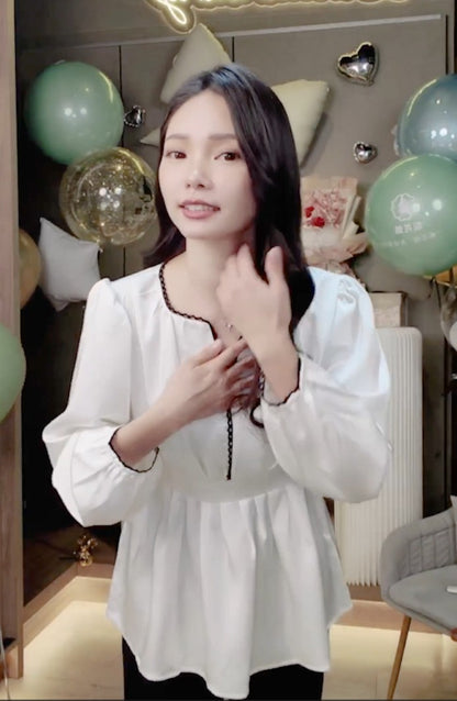 🆕新品上架💖【梨花瑪雅】熱賣款😘氣質緞面黑色蕾絲滾邊高級感雪紡上衣