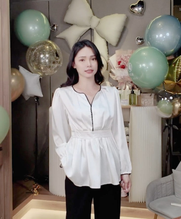 🆕新品上架💖【梨花瑪雅】熱賣款😘氣質緞面黑色蕾絲滾邊高級感雪紡上衣