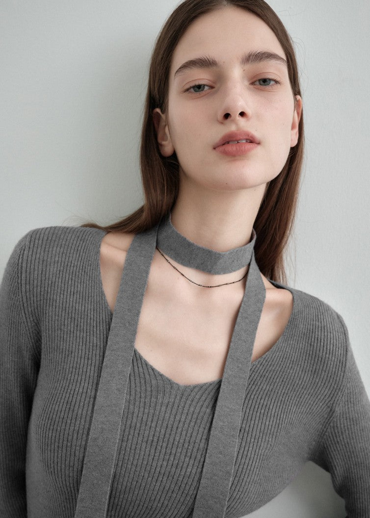 🆕新品上架【梨花娘】韓國🔥Yeoul PICK 氣質溫柔附圍巾圍巾V領修身羅紋針織上衣 (6色)