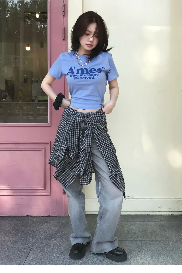 💖韓國暢銷品牌AMES-WORLDWIDE🆕新品上架 美式復古修身圓弧下擺短版 T-shirt(5色)